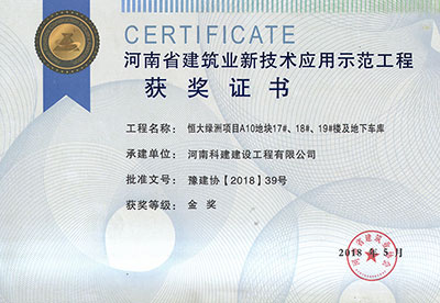 “恒大綠洲項目A10地塊17#、18#、19#樓及地下車庫工程”榮獲“河南省建筑業新技術應用示范工程”金獎
